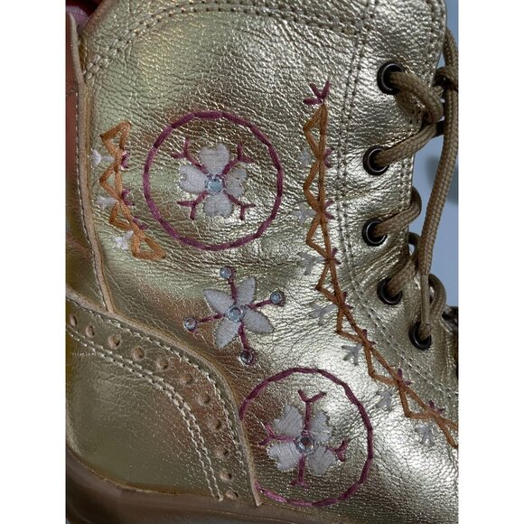 Gold Leather Embroidered Lace-Up Boots Made In Italy By Y. Iacovelli Size 28 Kid - Picture 6 of 13